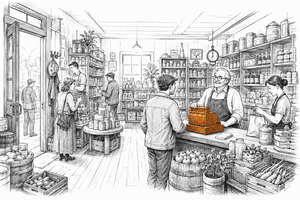 A shopkeeper at the counter of a bustling old general store, ringing up a sale at a brass cash register
